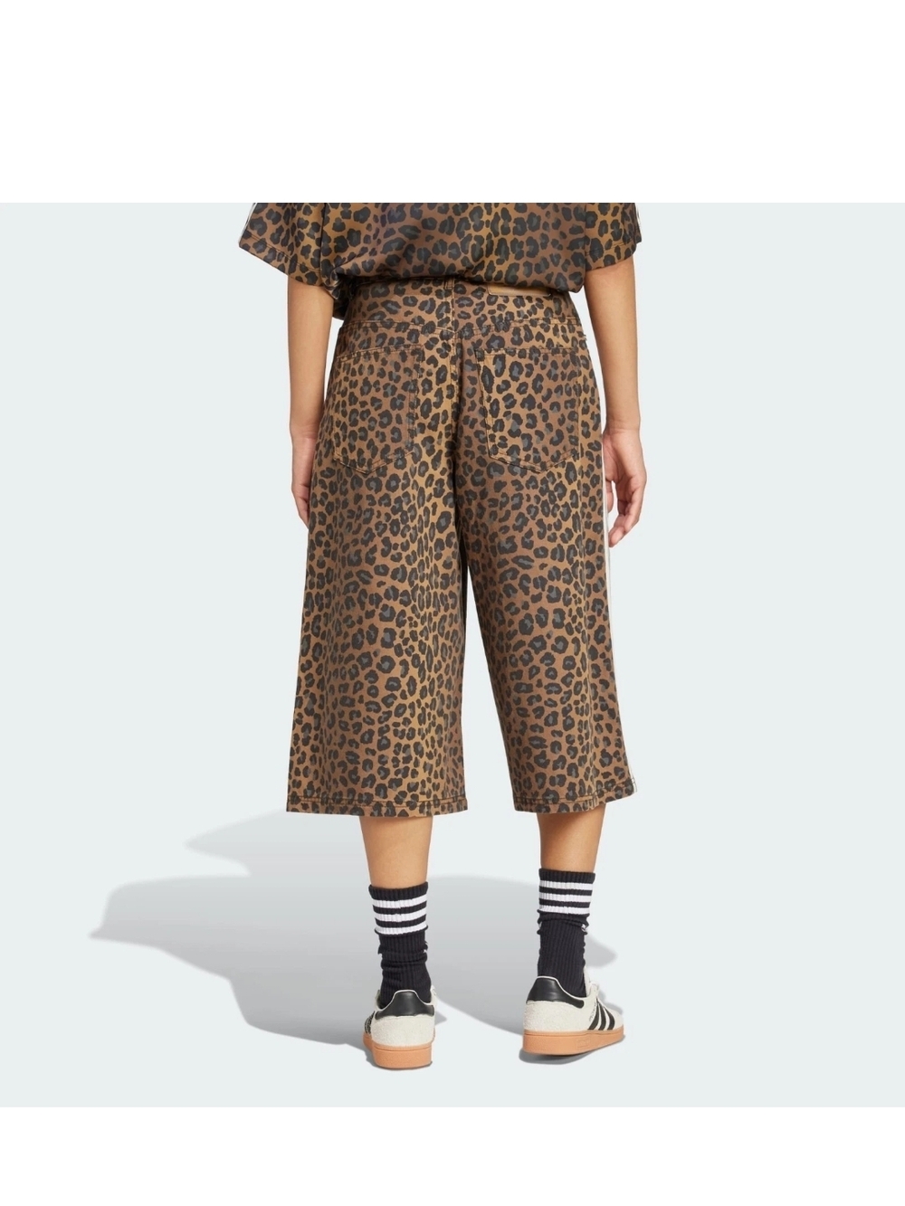 adidas NWT Leopard Print High Waisted Wide-Leg Brown Denim Bermuda Shorts/Jorts - Picture 11 of 14